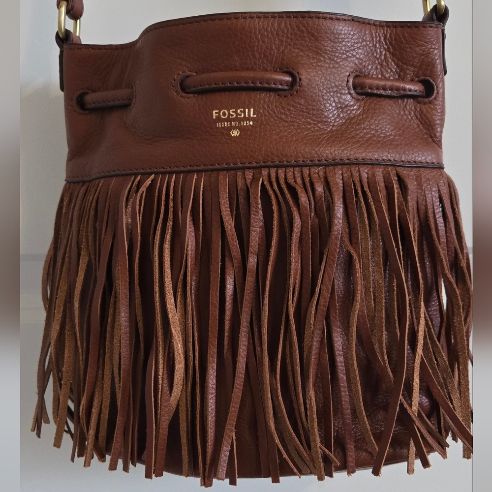 Fossil JULES Brown Leather Fringe Drawstring Shoulder Crossbody Bag